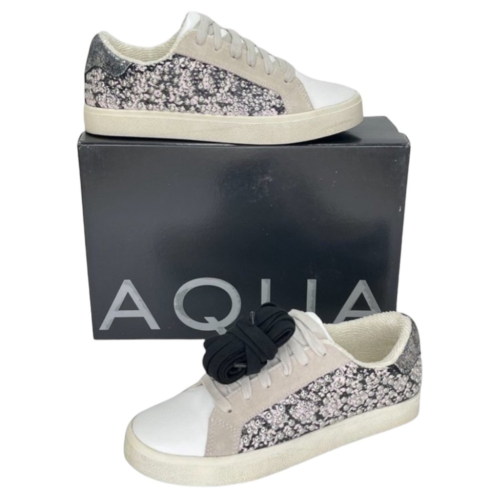 AQUA Womens Sneakers 10M Tess Grey Snake Print Leather Silver Studded